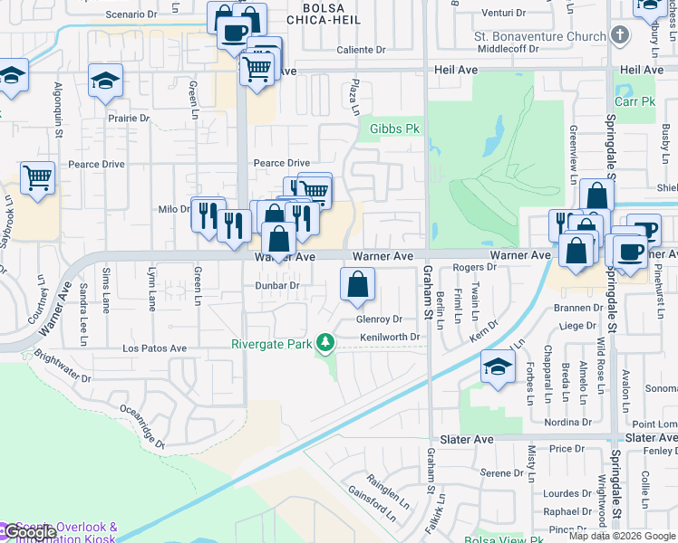 map of restaurants, bars, coffee shops, grocery stores, and more near 17092 Greentree Lane in Huntington Beach