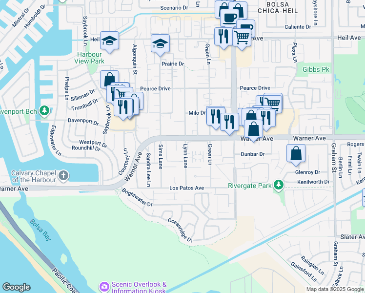 map of restaurants, bars, coffee shops, grocery stores, and more near 17092 Lynn Lane in Huntington Beach