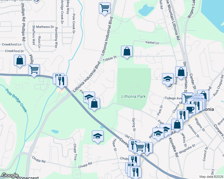 map of restaurants, bars, coffee shops, grocery stores, and more near 6670 Parkway Drive in Lithonia
