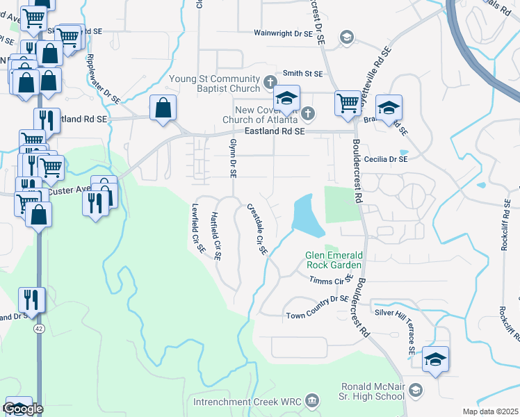 map of restaurants, bars, coffee shops, grocery stores, and more near 2491 Crestdale Circle Southeast in Atlanta