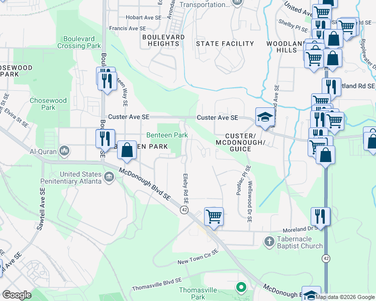 map of restaurants, bars, coffee shops, grocery stores, and more near 1368 Benteen Park Drive Southeast in Atlanta