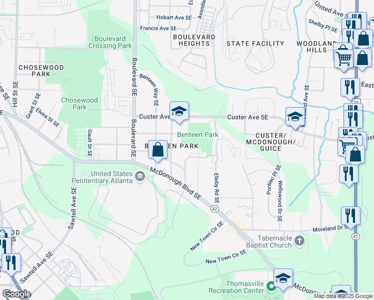 map of restaurants, bars, coffee shops, grocery stores, and more near 1390 Marion Walk Southeast in Atlanta