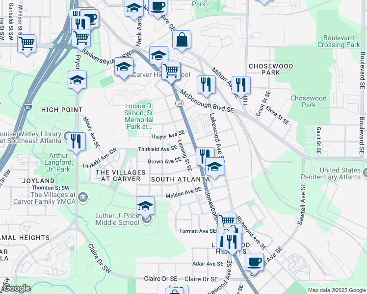 map of restaurants, bars, coffee shops, grocery stores, and more near 121 Thirkield Avenue Southeast in Atlanta