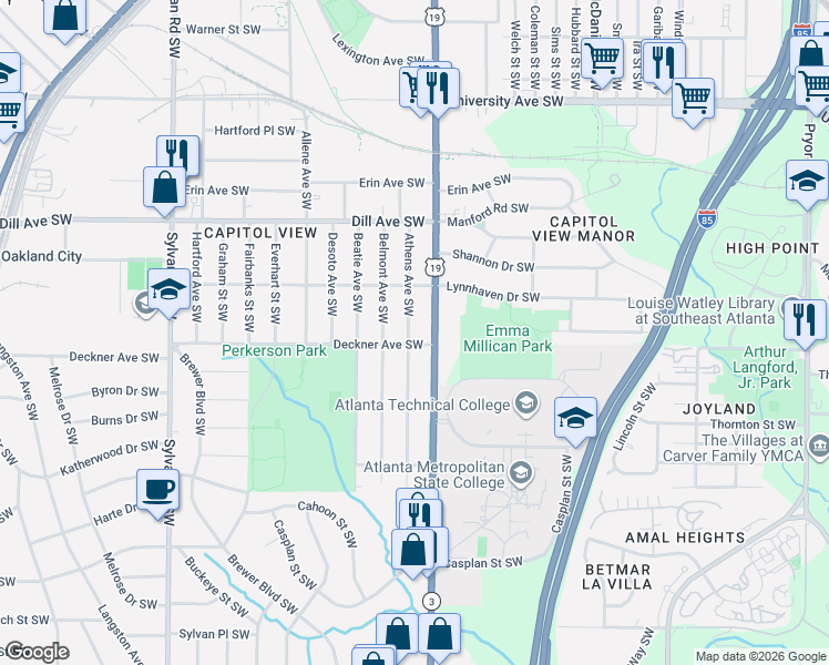 map of restaurants, bars, coffee shops, grocery stores, and more near 1511 Metropolitan Parkway Southwest in Atlanta