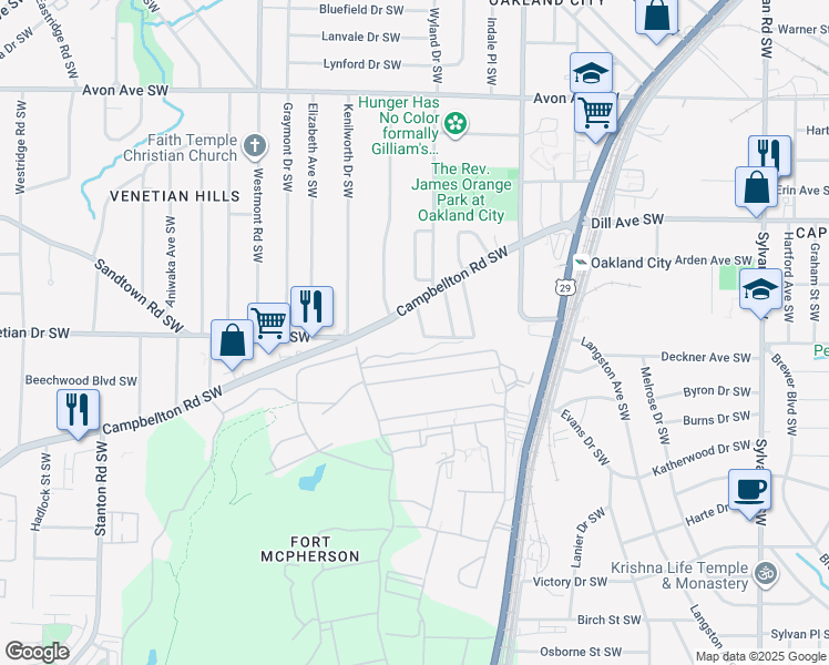 map of restaurants, bars, coffee shops, grocery stores, and more near 1481 Olive Street Southwest in Atlanta