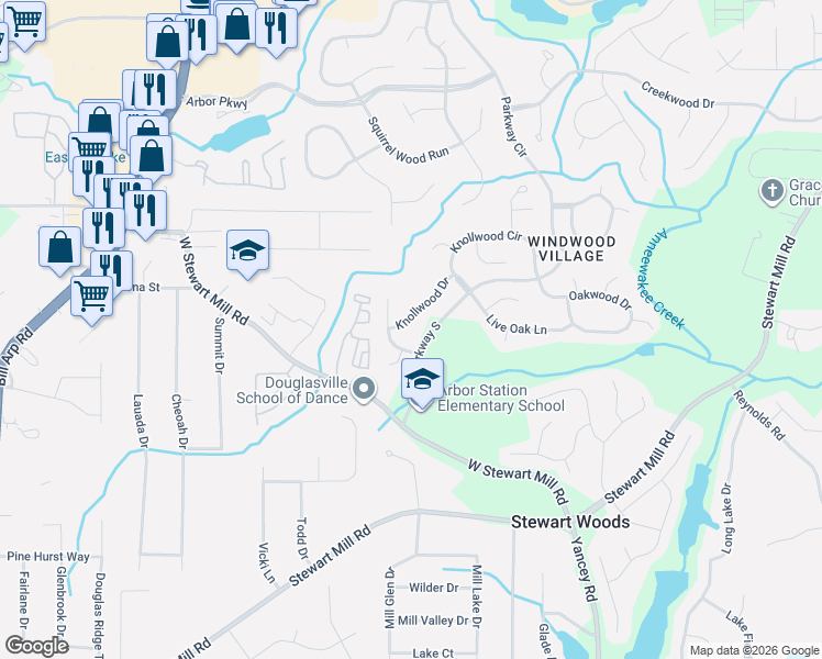map of restaurants, bars, coffee shops, grocery stores, and more near 6819 Knollwood Drive in Douglasville
