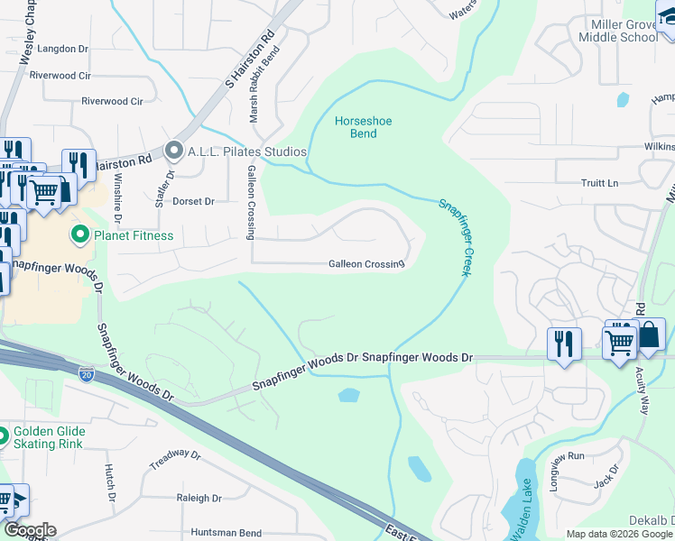 map of restaurants, bars, coffee shops, grocery stores, and more near 4995 Galleon Crossing in Decatur