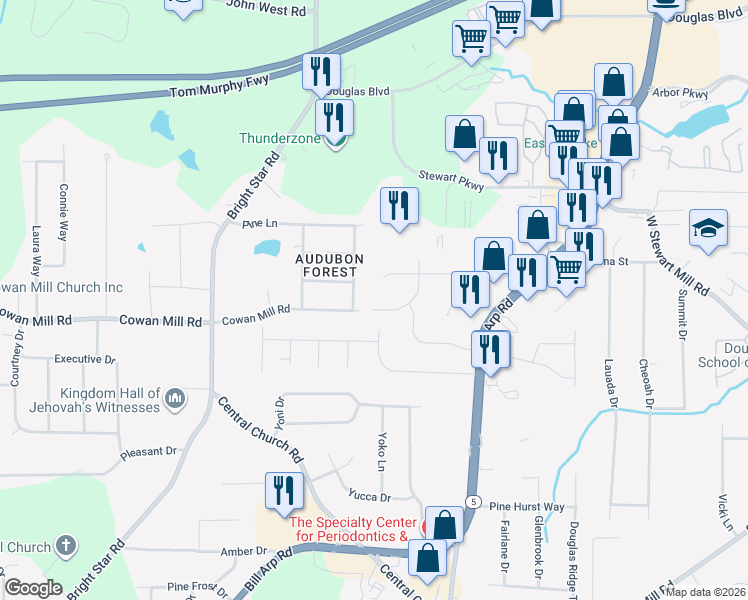 map of restaurants, bars, coffee shops, grocery stores, and more near 6096 Cowan Mill Road in Douglasville