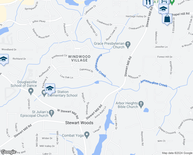 map of restaurants, bars, coffee shops, grocery stores, and more near 9915 Scarlet Oak Drive in Douglasville