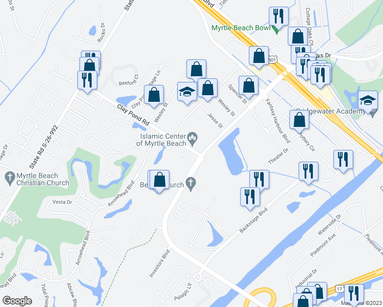 map of restaurants, bars, coffee shops, grocery stores, and more near 3687 Clay Pond Road in Myrtle Beach