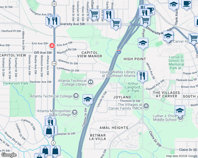 map of restaurants, bars, coffee shops, grocery stores, and more near 390 Deckner Avenue Southwest in Atlanta