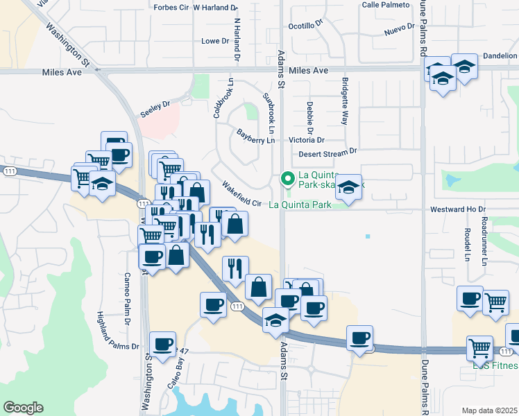 map of restaurants, bars, coffee shops, grocery stores, and more near 78905 Wakefield Circle in La Quinta