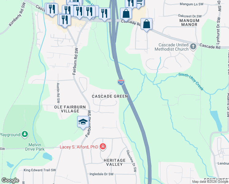 map of restaurants, bars, coffee shops, grocery stores, and more near 3700 Winfield Court Southwest in Atlanta