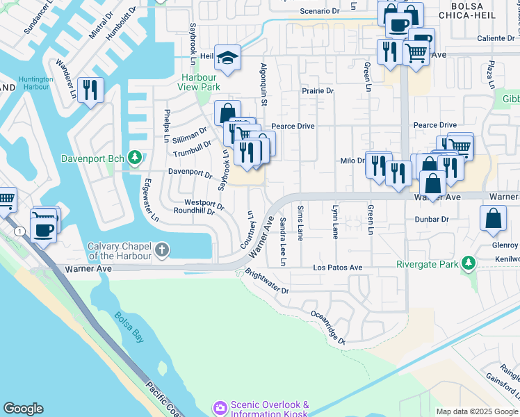map of restaurants, bars, coffee shops, grocery stores, and more near 17041 Malta Circle in Huntington Beach