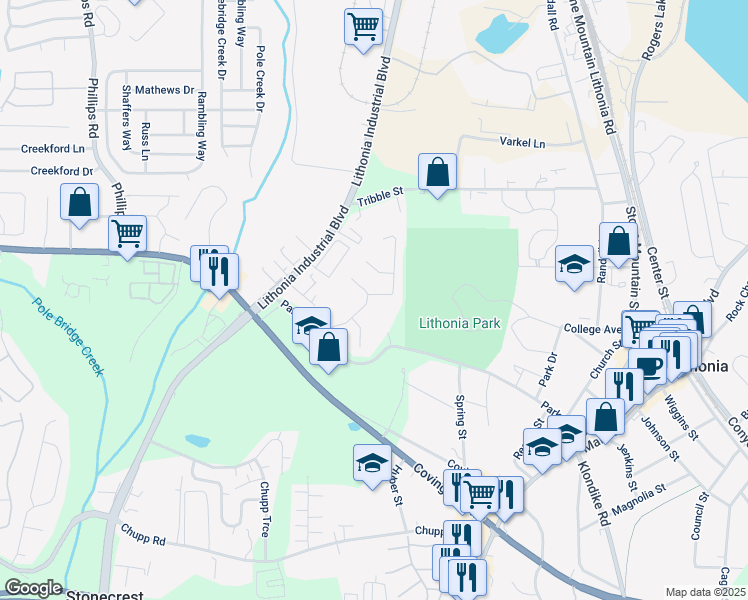 map of restaurants, bars, coffee shops, grocery stores, and more near 2736 Parkway Trail in Lithonia
