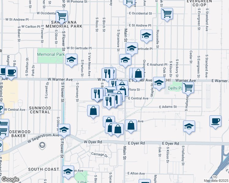 map of restaurants, bars, coffee shops, grocery stores, and more near 2424 South Broadway in Santa Ana