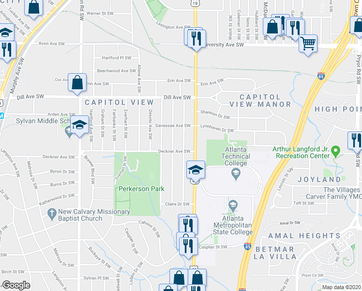 map of restaurants, bars, coffee shops, grocery stores, and more near 1469 Athens Avenue Southwest in Atlanta
