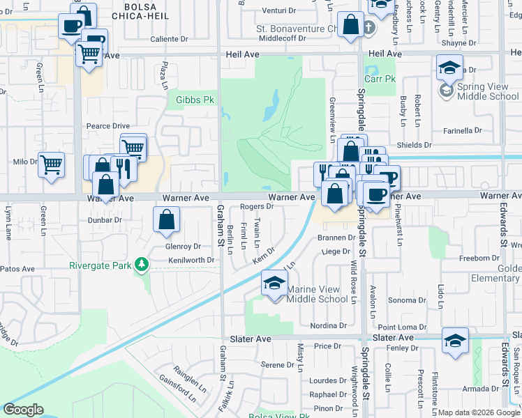 map of restaurants, bars, coffee shops, grocery stores, and more near 17042 Twain Lane in Huntington Beach