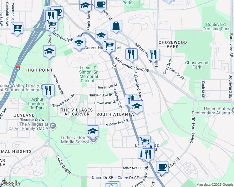 map of restaurants, bars, coffee shops, grocery stores, and more near 121 Thirkield Avenue Southeast in Atlanta