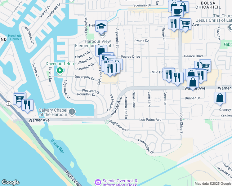 map of restaurants, bars, coffee shops, grocery stores, and more near 17041 Malta Circle in Huntington Beach
