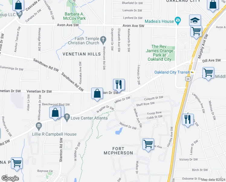 map of restaurants, bars, coffee shops, grocery stores, and more near 1461 Venetian Drive Southwest in Atlanta