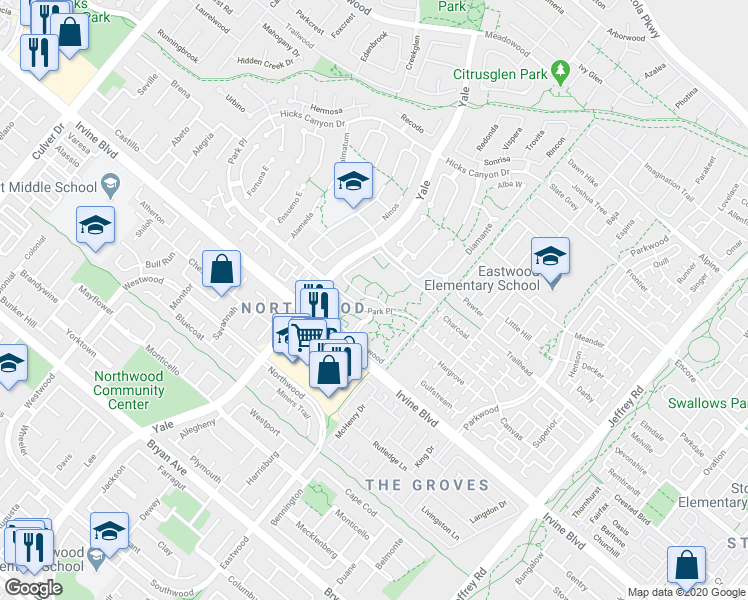 map of restaurants, bars, coffee shops, grocery stores, and more near 11 Lakepines in Irvine
