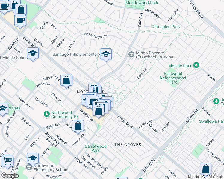 map of restaurants, bars, coffee shops, grocery stores, and more near 11 Lakepines in Irvine