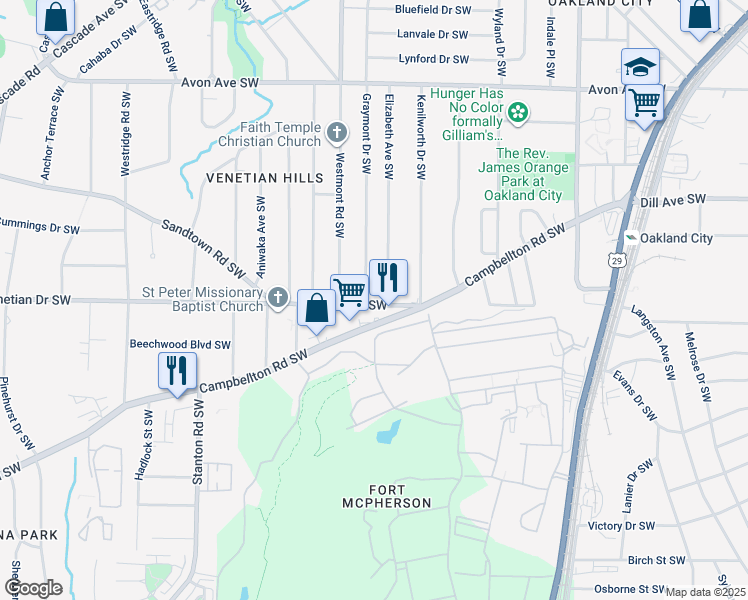 map of restaurants, bars, coffee shops, grocery stores, and more near 1457 Venetian Drive Southwest in Atlanta