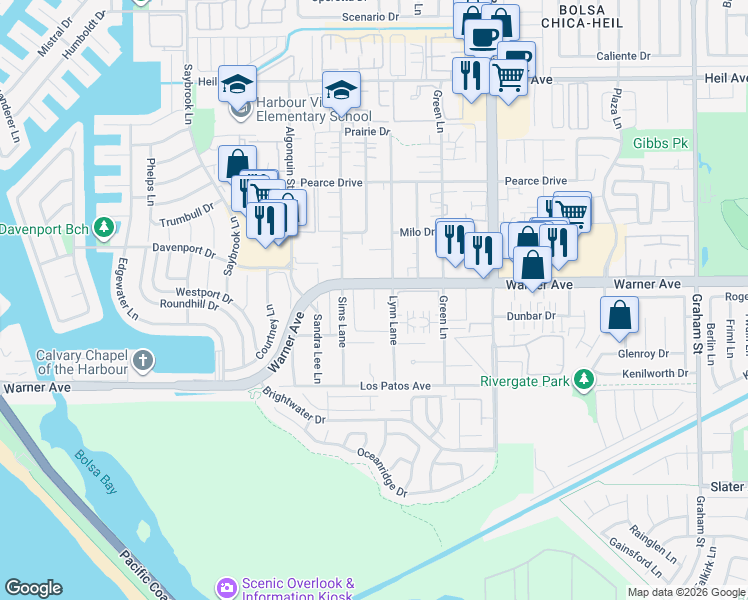 map of restaurants, bars, coffee shops, grocery stores, and more near 4700 Warner Avenue in Huntington Beach