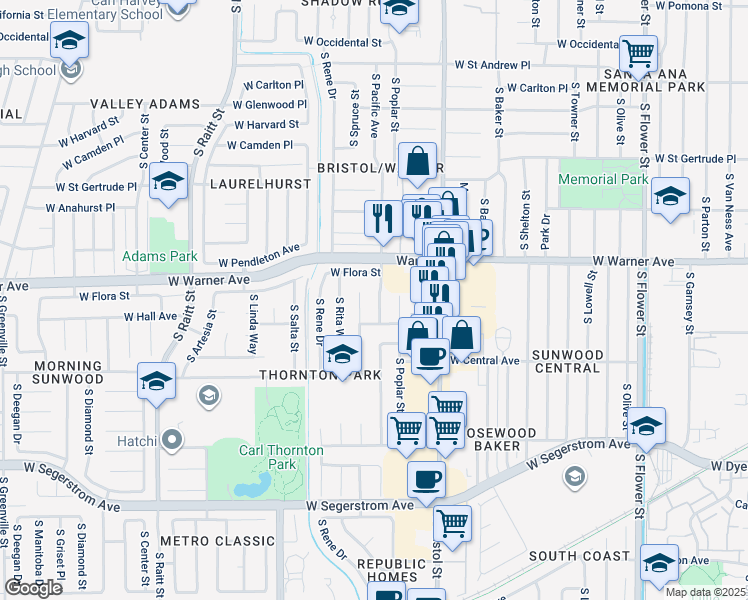 map of restaurants, bars, coffee shops, grocery stores, and more near 2406 South Pacific Avenue in Santa Ana