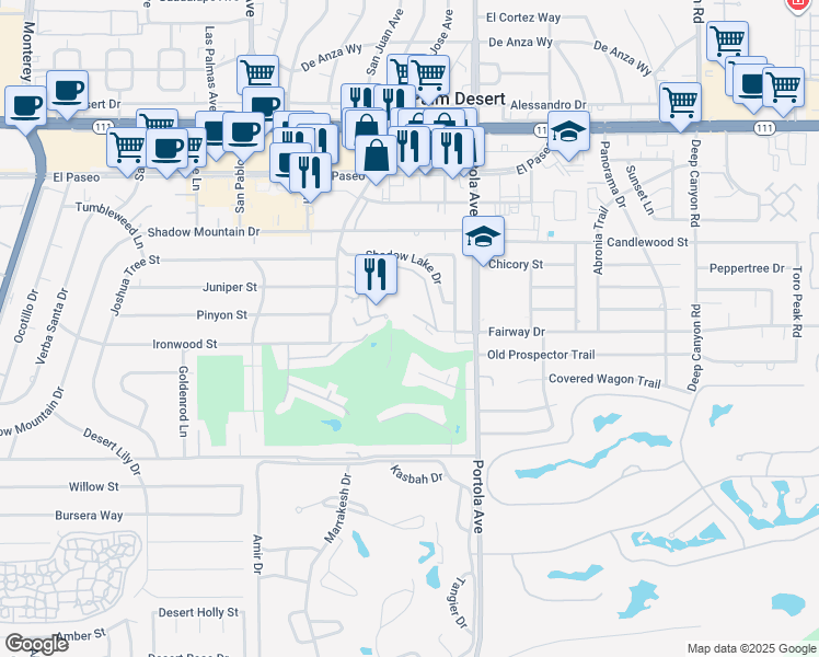 map of restaurants, bars, coffee shops, grocery stores, and more near 73879 Club Circle Drive in Palm Desert