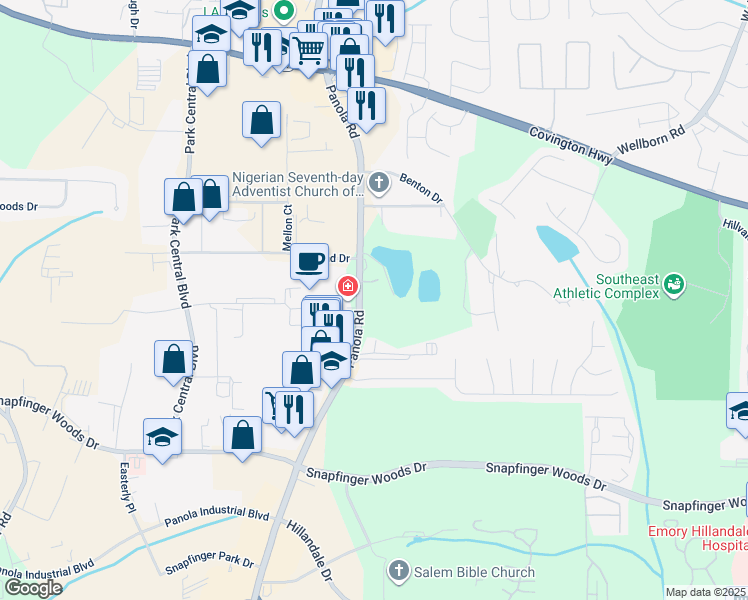 map of restaurants, bars, coffee shops, grocery stores, and more near 2526 Panola Road in Lithonia