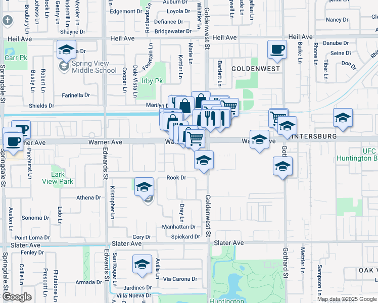 map of restaurants, bars, coffee shops, grocery stores, and more near 6930 Warner Avenue in Huntington Beach