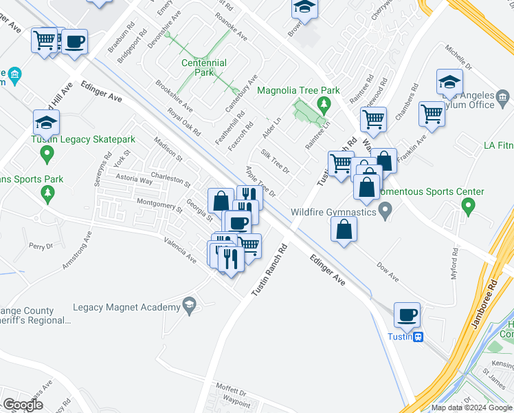 map of restaurants, bars, coffee shops, grocery stores, and more near Edinger Ave & Kensington Park Dr in Tustin