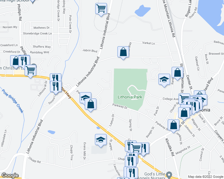 map of restaurants, bars, coffee shops, grocery stores, and more near 2706 Parkway Trail in Lithonia