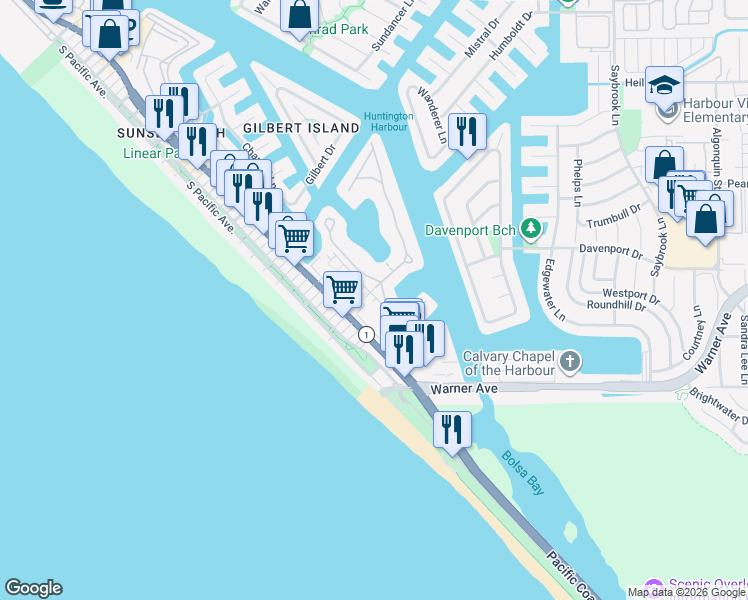 map of restaurants, bars, coffee shops, grocery stores, and more near 16955 Bluewater Lane in Huntington Beach