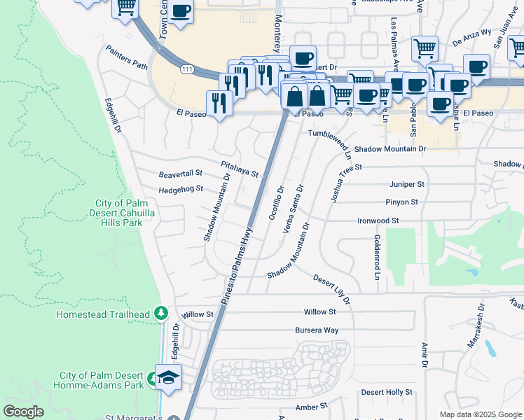 map of restaurants, bars, coffee shops, grocery stores, and more near 45877 California 74 in Palm Desert