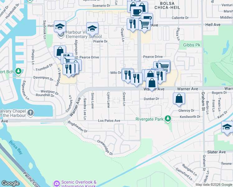 map of restaurants, bars, coffee shops, grocery stores, and more near 4762 Tiara Drive in Huntington Beach
