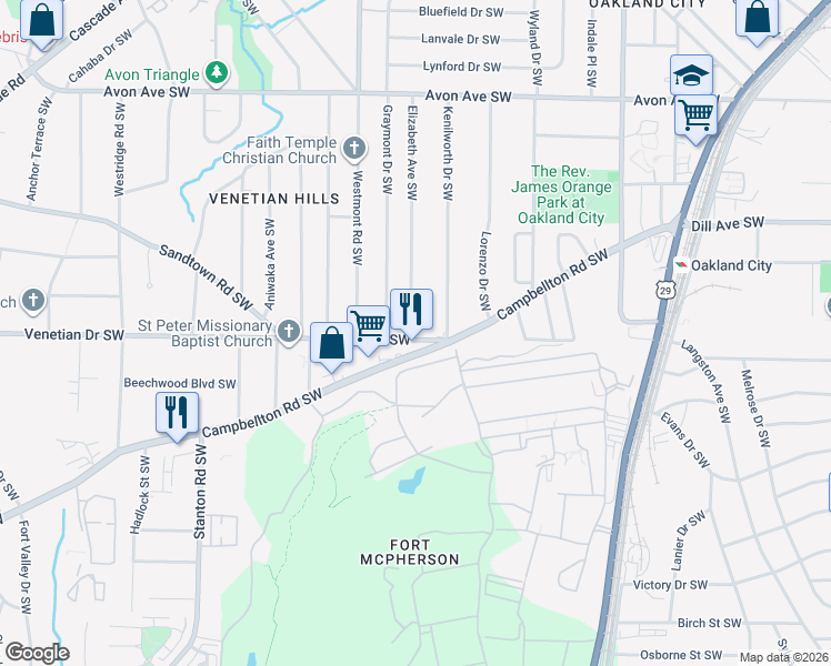 map of restaurants, bars, coffee shops, grocery stores, and more near 1439 Venetian Drive Southwest in Atlanta