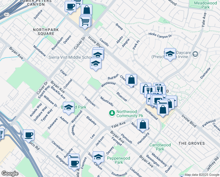 map of restaurants, bars, coffee shops, grocery stores, and more near 61 Bluecoat in Irvine