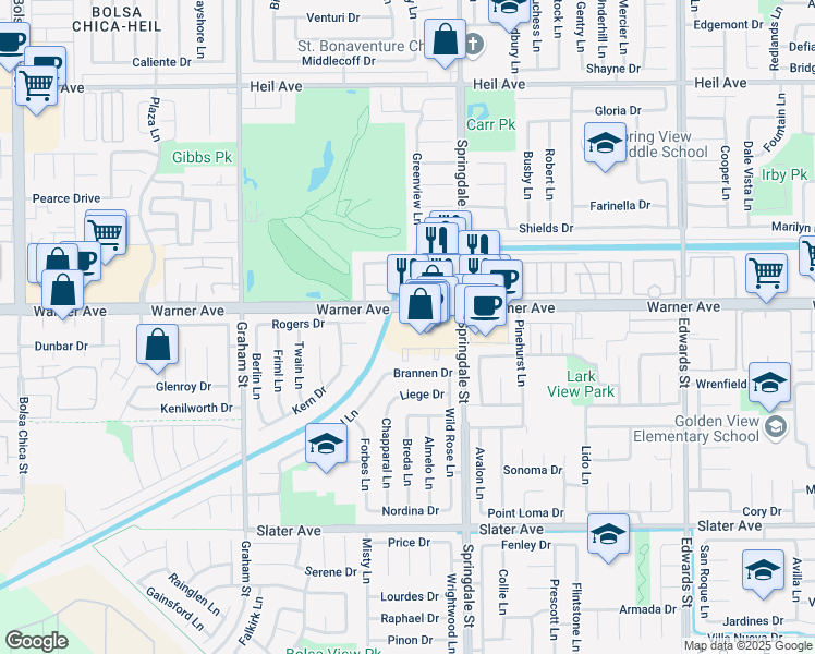 map of restaurants, bars, coffee shops, grocery stores, and more near 5759-5787 Warner Ave in Huntington Beach