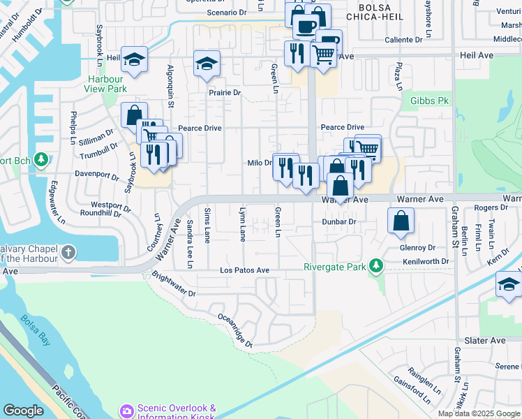 map of restaurants, bars, coffee shops, grocery stores, and more near 4822 Tiara Drive in Huntington Beach