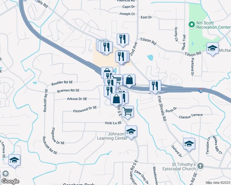 map of restaurants, bars, coffee shops, grocery stores, and more near 2519 Gresham Road South East in Atlanta