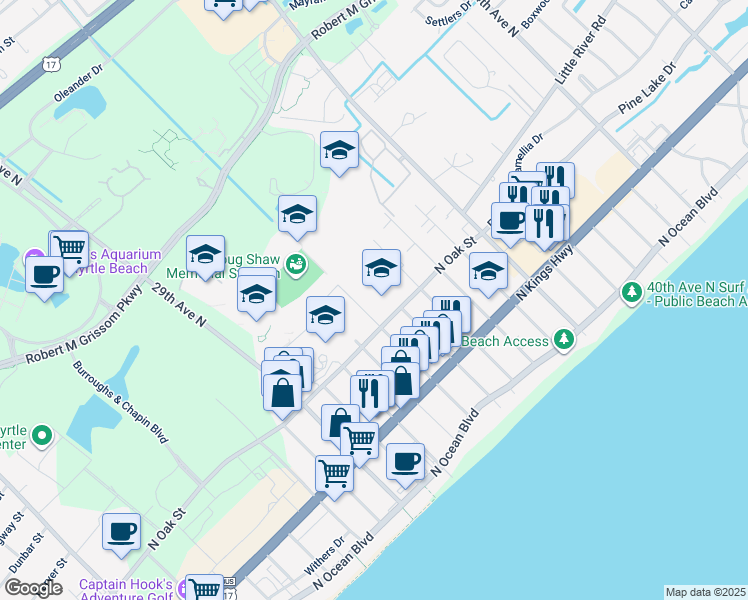map of restaurants, bars, coffee shops, grocery stores, and more near 3301 North Oak Street in Myrtle Beach