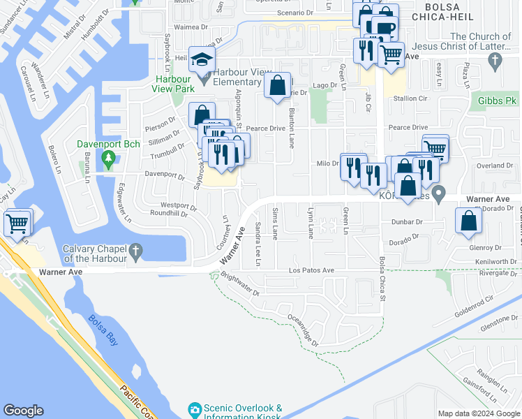 map of restaurants, bars, coffee shops, grocery stores, and more near 17022 Sandra Lee Lane in Huntington Beach