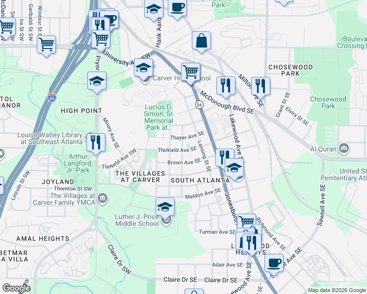 map of restaurants, bars, coffee shops, grocery stores, and more near 84 Thayer Avenue Southeast in Atlanta