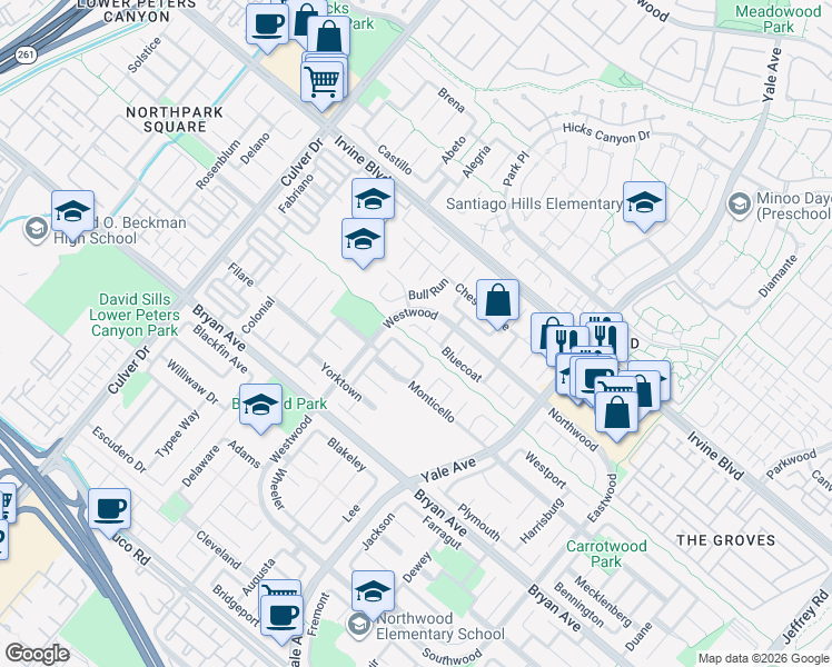 map of restaurants, bars, coffee shops, grocery stores, and more near 61 Bluecoat in Irvine