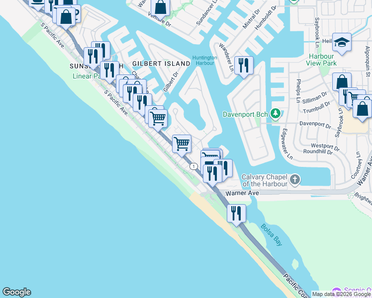 map of restaurants, bars, coffee shops, grocery stores, and more near 16932 Pacific Coast Highway in Huntington Beach