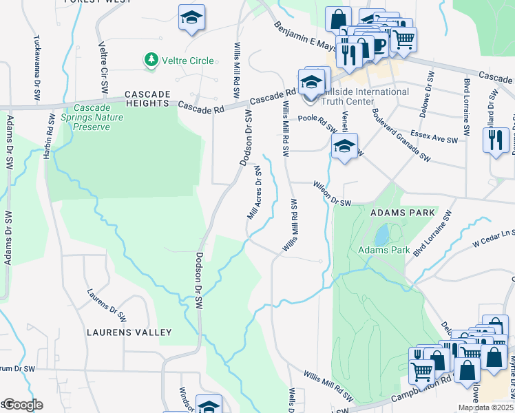 map of restaurants, bars, coffee shops, grocery stores, and more near Mill Acres Drive Southwest in Atlanta