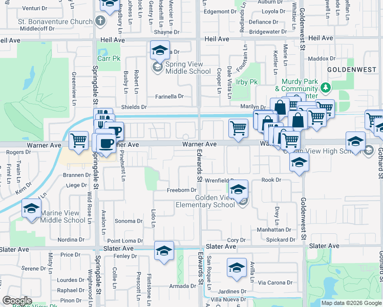 map of restaurants, bars, coffee shops, grocery stores, and more near in Huntington Beach